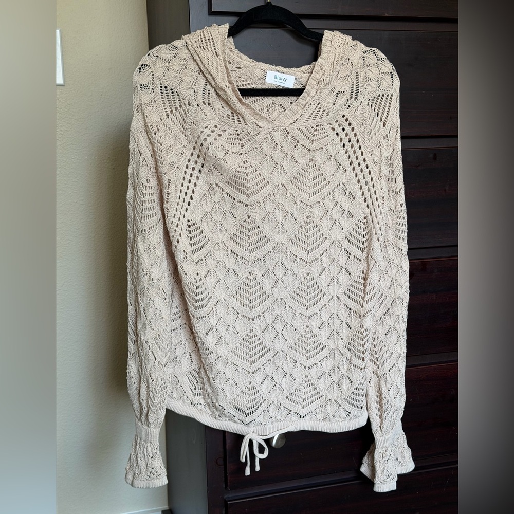 Bluivy Open-Knit Hooded Sweater in Cream